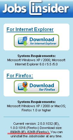 internet explorer versus firefox download size for JobsInsider